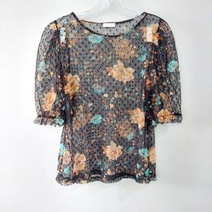 Tiny Willow sheer blouse Medium black tan blue foral polkadot pattern crew neck